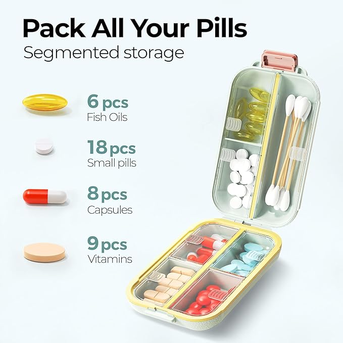 7 Compartments Travel Pill Organizer, Foldable Portable Airtight Daily Pill Box, Compact Pill Case for Purse & Pocket, BPA-Free Medicine Organizer for Vitamins Fish Oil Supplements (Green)