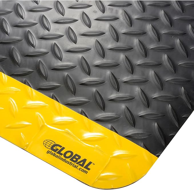 Global Industrial 36" W x 60" L Diamond Plate Ergonomic Anti Fatigue Mat with Beveled Edges, Vinyl Surface & PVC Foam Backing, 9/16" Thick, Black/Yellow Border