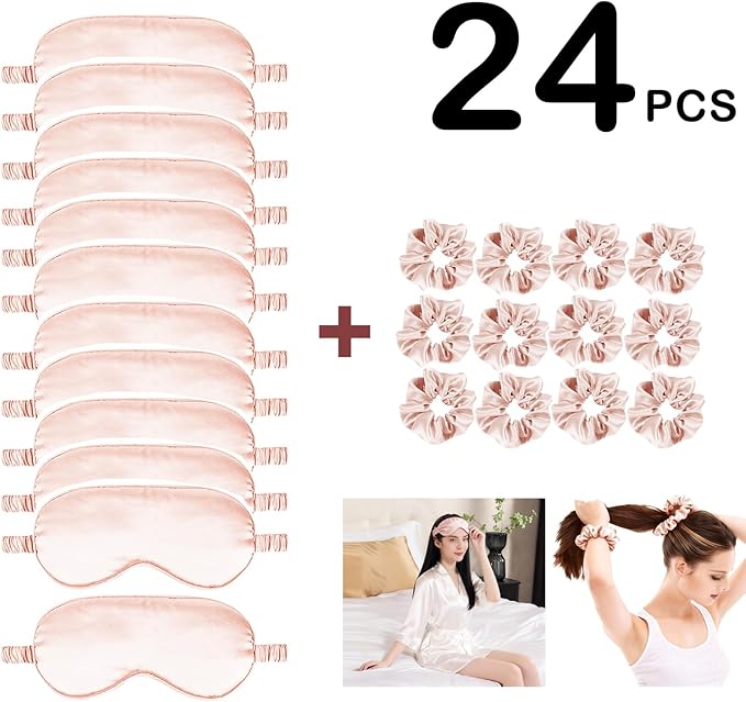 24Pcs Satin Eye Mask Silk Sleep Masks Silky Eyes Cover Blackout Blindfold Eyeshade Scrunchies Hair Ties Travel Wedding Gift