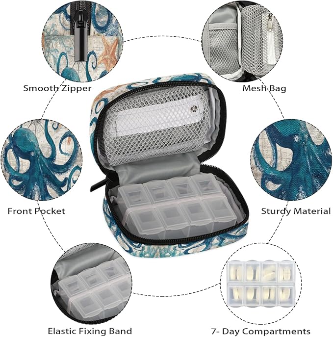 Octopus Ocean Vintage Pill Case Travel Pill Organizer Weekly 7 Day Portable with Zipper Medicine Box Pill Case for Vitamins, Birth Control,Fish Oils,Medication, Supplements