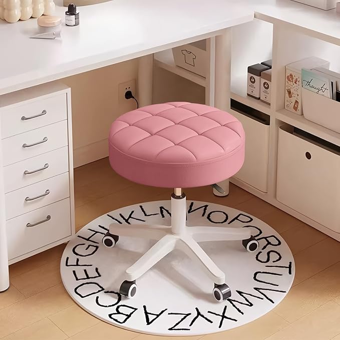 Small Rolling Stool with Wheels, PU Leather Height Adjustable Vanity Work Task Stool, 360 Swivel, Padded Seat Cushion,for Salon, Home, Office