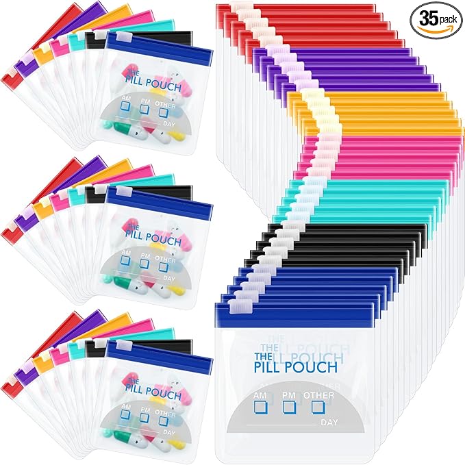 Sherr 35 Pcs Pill Pouch Bags Zippered Pill Pouch Set Reusable Translucent Medicine Organizer Self Sealing Medicine Organizer Travel Plastic Bags with Slide Lock for Storage(Vivid,Vivid Colors)