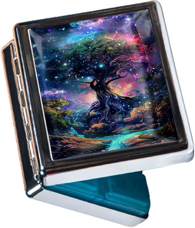 Cute Travel Pill Box Organizer with 8 Compartments - Compact and Fashionable Pill Case with Mirror - Ideal for Medications (Cosmic Tree)