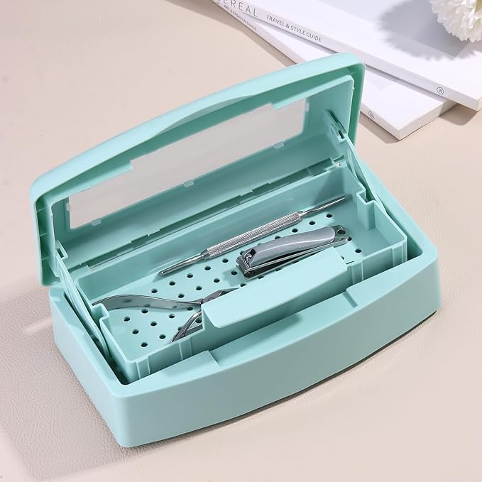 Nail Tool Sterilizer Box Plastic Disinfectant Container for Nail Art Accessories Tools, Hair Salons and Beauty Centers, Sterilizer Soaking Box with Strainer Pedicure Manicure Equipment, Blue