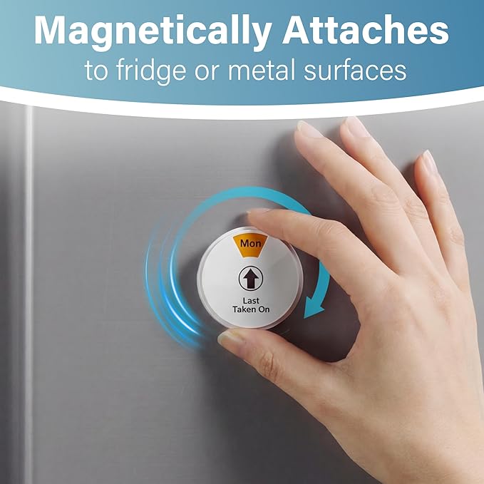 4 Pack 7-Day Pill Reminder Tracker 2-in-1 Magnetic & Adhesive – Stick to Plastic or Glass Bottles, or Attach Magnetically to Fridge/Metal Surfaces – Reusable for Medications, Vitamins, Pet Medicine