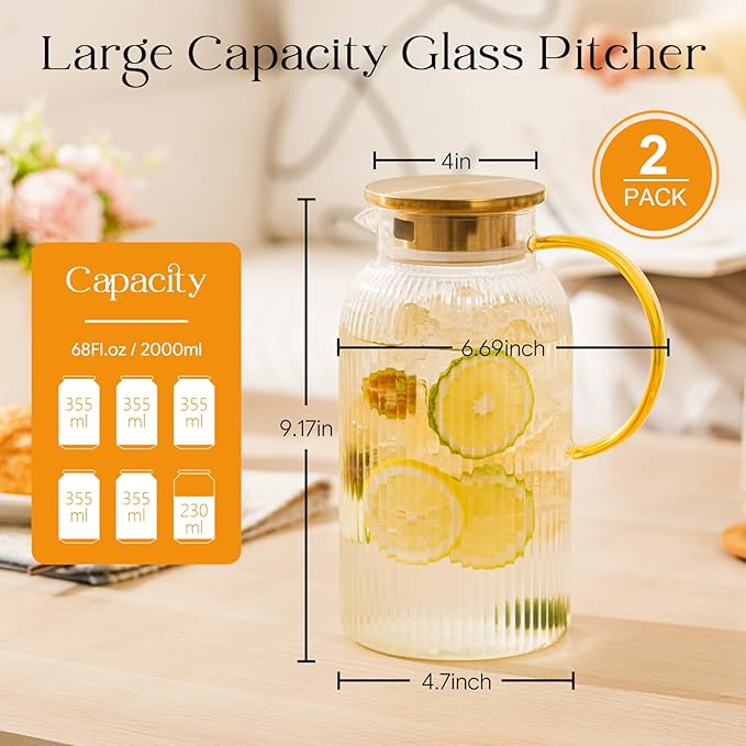 OneDream 2 Pack Glass Pitcher with Lid, 68 oz Heat-Resistant Borosilicate Glass Water Pitcher, Wide Mouth Round Glass Pitcher with Handle, Leak-Proof Silicone-Edged Lid, for Iced Tea, Coffee, Juice