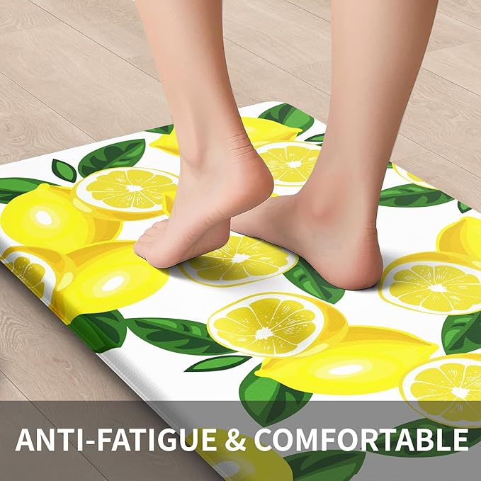 Lemon Kitchen Mats for Floor - Anti Fatigue Mats for Kitchen Floor, Cushioned Non-Skid Washable Memory Foam Rug for Office, Sink, Laundry (17.3"×59"×0.47") White