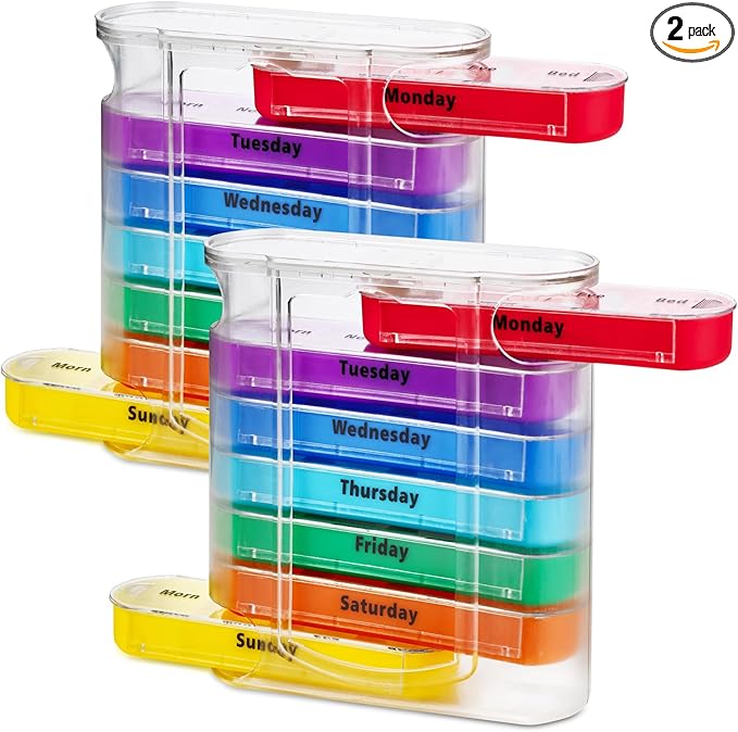 MEDca Weekly Pill Organizer, Four Times-a-Day, Pack of 2 Dispensers with Stackable AM/PM Compartments