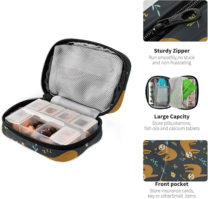 xigua Sloth Pill Case 7-Day Travel Pill Organizer Box with Zipper Closure for Vitamins, Medication and Supplements