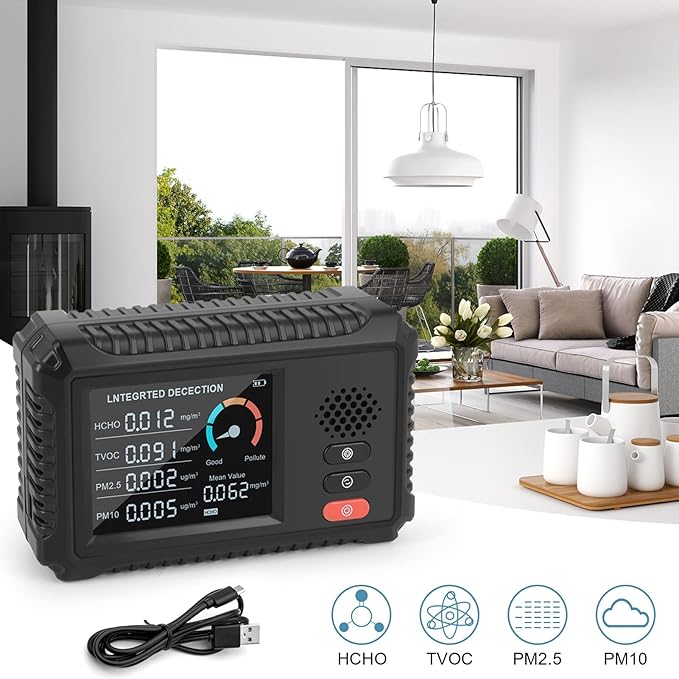 Air Quality Monitor Indoor Outdoor Air Quality Detector Portable Measures CO2 TVOC HCHO, Monitors Dust, Smoke, PM 2.5 Air Pollution, for Home Office, Reduce Your Exposure to Air