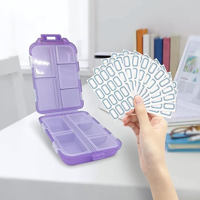 INVODA 12PCS 10-Compartment Pill Organizer BPA-Free Travel Pill Case with Daily Labels Portable Medicine Box for Vitamins, Supplements & Jewelry