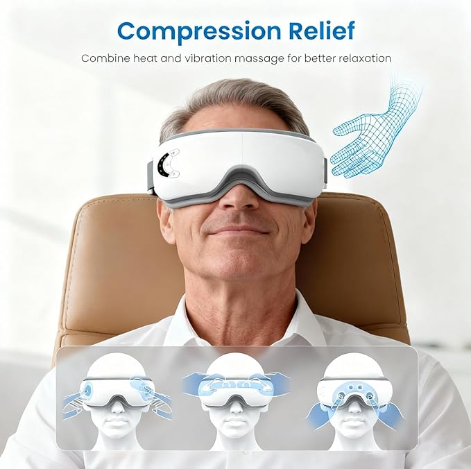 Eye Massager with Heat and Music, Relaxation and Stress Relief Device. Heated Eye Mask Massage for Migraines & Headache Relief, Reduce Dry Eyes Improve Sleep. Birthday Gifts for Women Men Mom Dad Her