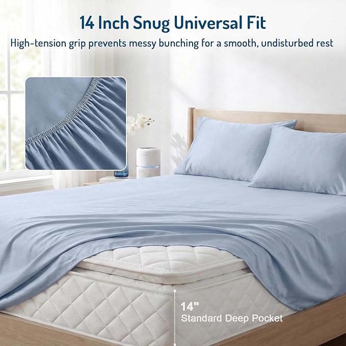 Degrees of Comfort Coolmax® Cooling Bed Sheets King Size for Hot Sleepers, Moisture Wicking Sheet Set for Night Sweats, Deep Pocket, Ultra Soft, Cozy for All Seasons, Light Blue 4 Pieces