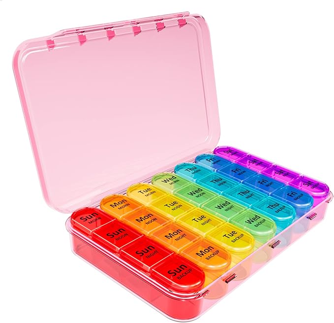Daviky Weekly Pill Organizer, 7 Day Pill Organizer 4 Times a Day, Daily Pill Box 7 Day, Large Travel Pill Box with Removable Pill Case to Hold Vitamin, Supplement and Medication (Pink)