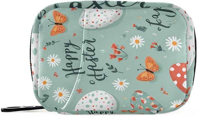 Teal Egg Daisy Easter Travel Pill Organizer Case Box Container Weekly Portable Vitamin Medicine Holder Storage Bag with Zipper Removable