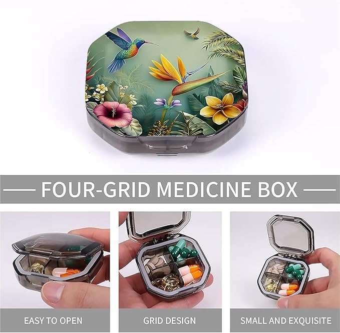 This Portable Hummingbird Tropical Flower Pattern 4 Compartment Pill Box Can Be Placed in A Pocket Or Wallet to Store Vitamins, Medicines Health Supplements Other Medications.
