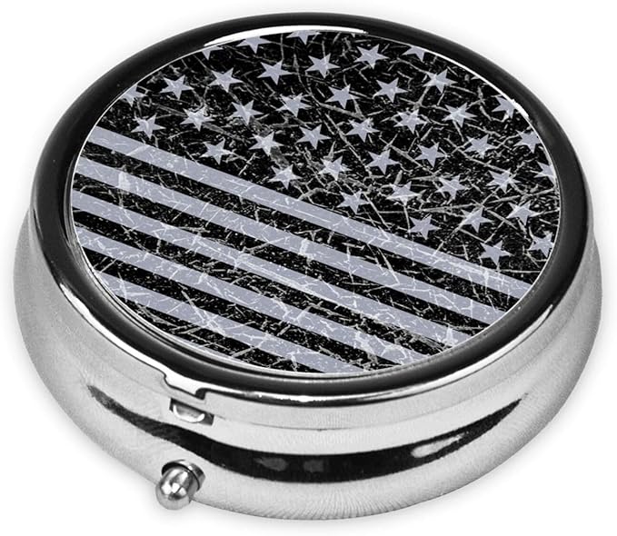Round Stainless Steel Pill Box Case Vintage USA Flag Retro American Flag, Pocket 3 inches Medicine Tablet Holder Organizer Case for Purse - Compact 3 Compartment
