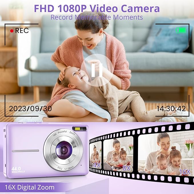 Digital Camera 1080P 44MP Digital Cameras, Point and Shoot Camera for Kids with 16X Zoom, Anti-Shake, Compact Small Travel Camera for Beginner Children Boys Girls Teens Gift