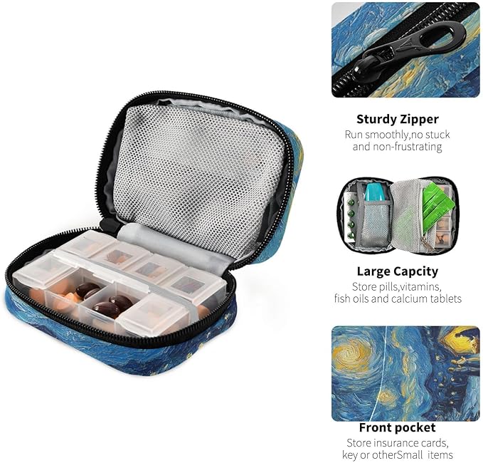Christmas Starry Night Blue Travel Pill Organizer Case Box Container Weekly Portable Vitamin Medicine Holder Storage Bag with Zipper Removable