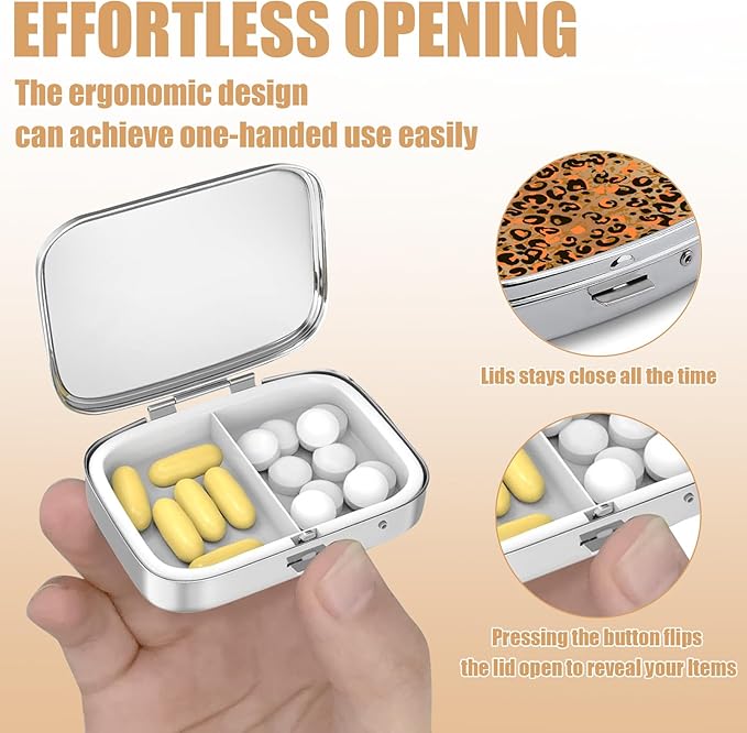 Pill Box-2 Compartment Small Pill Case Square Organizer Case with Mirror Portable Metal Medicine Box Travel Container for Pocket & Purse Women Men(Brown Leopard)