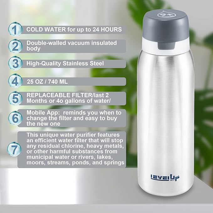 –25 Ounce Premium Stainless Steel Water Bottle with Filter – BPA Free - Travel Essentials - Alkaline Water Filter pH 9+ (Black)