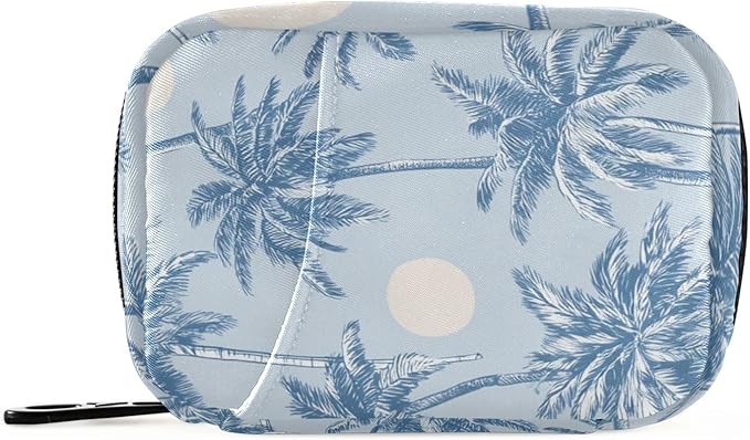 Light Blue Palm Trees and Sun Travel Pill Organizer Case Box Container Weekly Portable Vitamin Medicine Holder Storage Bag with Zipper Removable