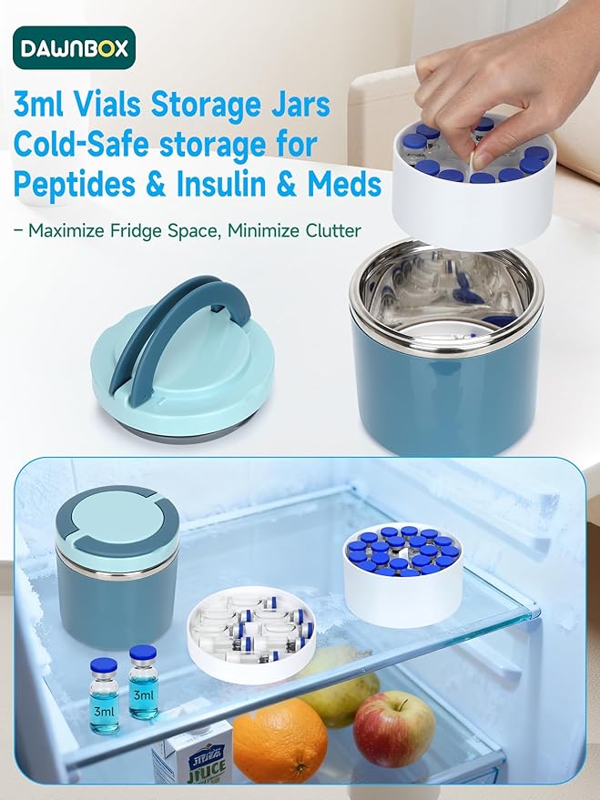 3ml Peptide Case for Fridge Vial Inserts with 22oz Food Jar, Peptide Fridge Case/Peptide Travel Case TSA Approved, Holds 28 Vials, Peptide Storage - Fridge/Travel Safe (Blue Jar and White Insert)