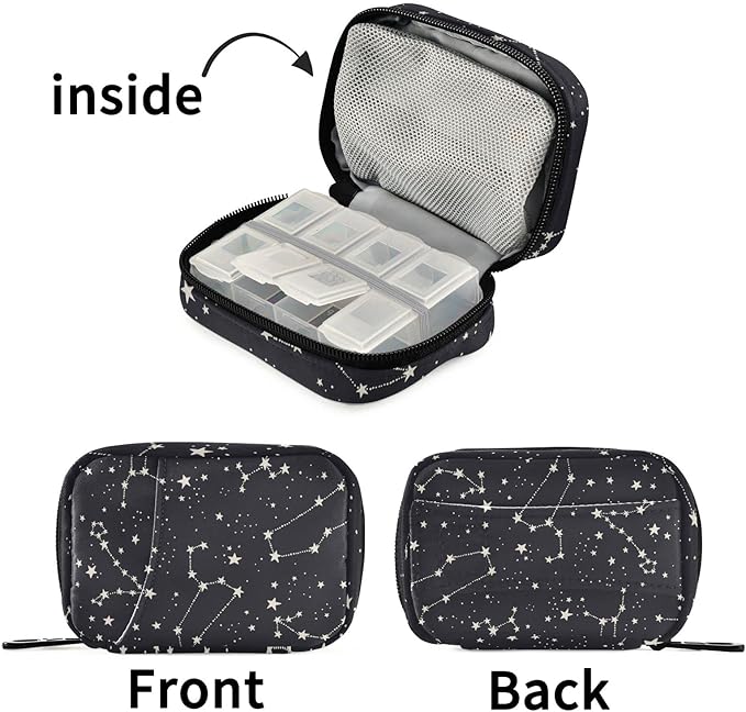 Black Stars Pill Organizer Box Case Container Holder 7 Days Weekly Travel Cute Vitamin Dispenser Sorter Planner Storage Small Compact Men Women