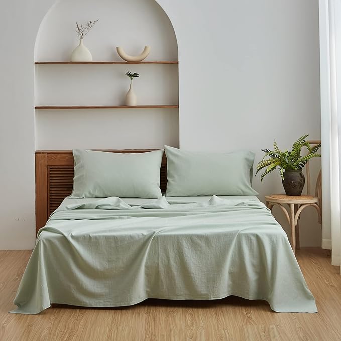 Simple&Opulence Belgian Linen Sheet Set Solid Color - 4 Pieces (1 Flat Sheet, 1 Fitted Sheet & 2 Pillowcases) Natural Flax Cotton Blend Soft Breathable Farmhouse Bedding - Full Size, Mint Green