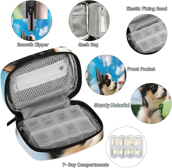 Cute Husky Print Travel Pill Organizer Bag Portable Weekly Pill Box Travel Medicine Organizer 7 Day Pill Case with Zipper for Daily Travel Family Business