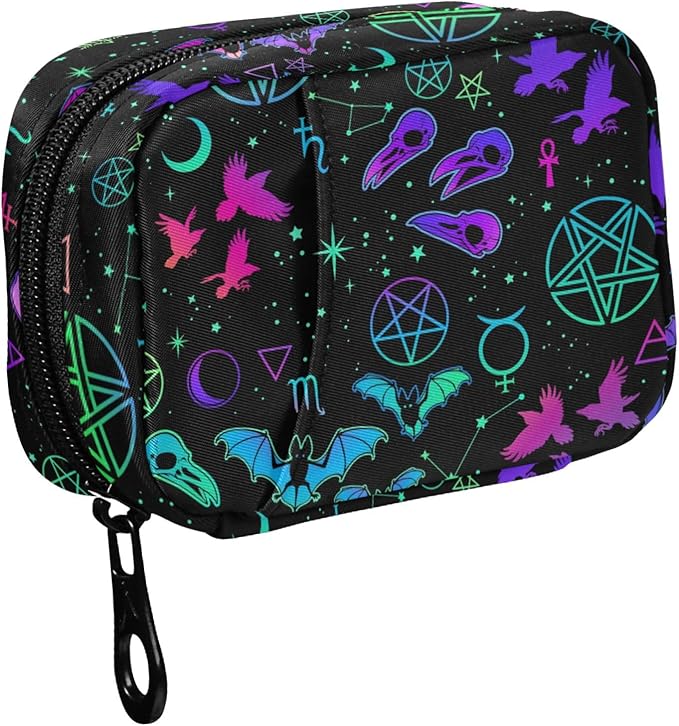 Fustylead Witchcraft with Different Magic Elements and Animals Travel Pill Case Bag with Zipper Weekly Pill Box 8 Compartments 7 Day Personal Pill Case Purse Medicine Case Organizer