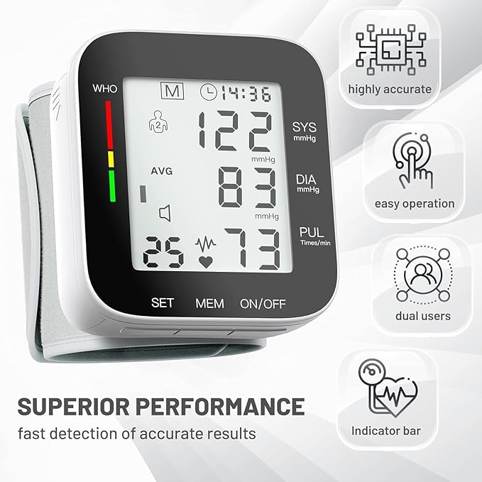 Wrist Blood Pressure Monitor Automatic Large LCD Display Adjustable Wrist Cuff Automatic Dual 99 Reading Memory Automatic Digital BP Machine for Home Use