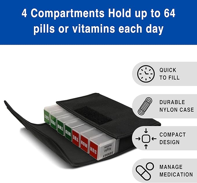 MEDCENTER Traveler 7 Day Pill Organizer HSA/FSA, Portable Pill Case, Large Capacity Medication Organizer for Traveling with 4 Daily Compartments, Nylon Pill Container for Travel, Large Size