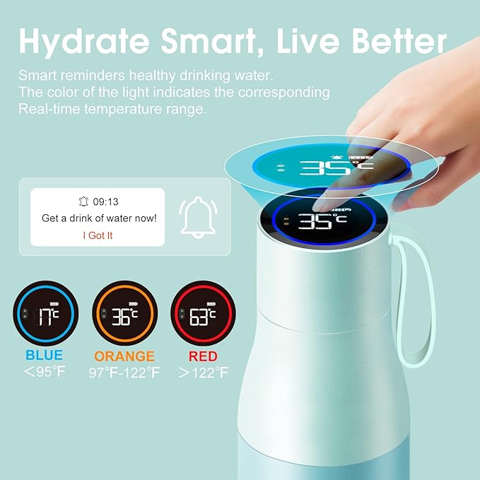 VSITOO 15oz Mini Smart Water Bottle，Self-Cleaning Insulated Bottle, Small Thermoses with AI, App & Touchscreen, Perfect Purse Water Bottle for Travel, Gym & Office, Blue