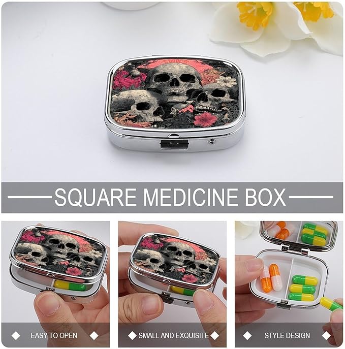 Metal Pill Organizer – 2-Compartment Pocket Pill Box for Vitamins, Supplements, Medications – Compact Travel Case (Skulls in Bloom)