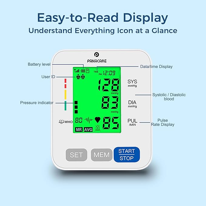 P PANACARE Upper Arm Blood Pressure Monitor for Home Use, Adjustable Cuff (8.7–16.5 inches), Large Backlit Display, White