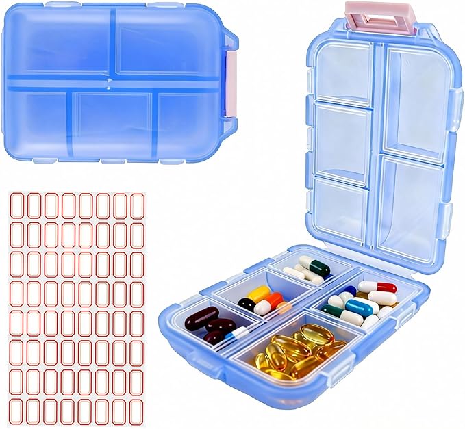 2Pack Travel Pill Organizer - 10 Compartments Pill Case with 64 Stickers, Pill Organizer 2 Times A Day, 10 Days Portable Compartments for Vitamins, Fish Oils, Supplements(Blue)