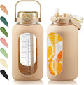 Glass Water Bottle with Straw and Handle Lid Half Gallon Motivational Glass Bottle with Silicone Sleeve and Time Marker Large Reusable Sports Water Jug for Gym Home Workout