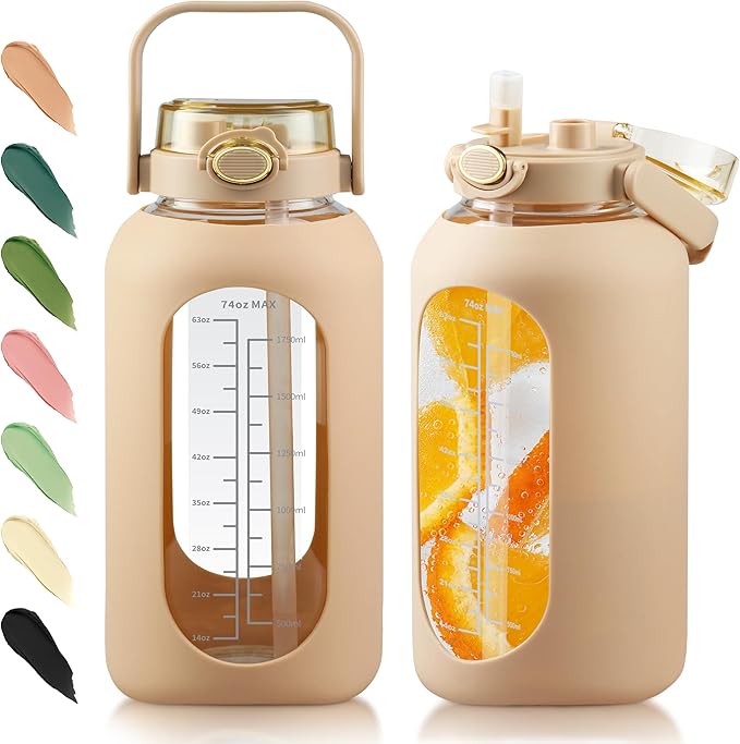 Glass Water Bottle with Straw and Handle Lid Half Gallon Motivational Glass Bottle with Silicone Sleeve and Time Marker Large Reusable Sports Water Jug for Gym Home Workout