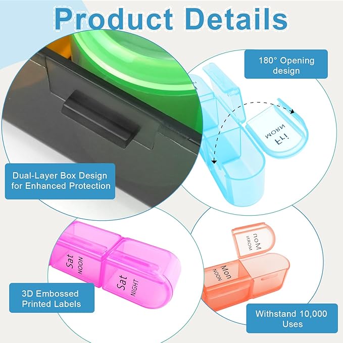 Cruxer Weekly Pill Box Organiser 7 Day 3 Times, Daily Portable Travel Pill Boxes, Medicine Storage Box, Pill Dispenser 7 Day 3 Compartments, Tablet Organiser to Hold Vitamins, Fish Oil, Supplements