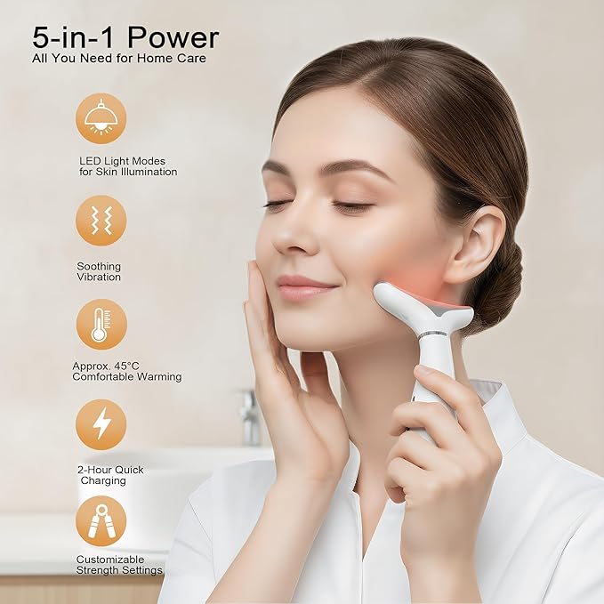 Face and Neck Massager, 7-Color LED Light Beauty Tool with Heat and Vibration for Daily Skin Care at Home