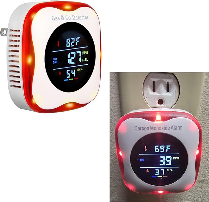 Combustible Gas & Carbon Monoxide Detector 4-in-1 Alarm with Temp/Humidity Sensor – Plug-in CO/Gas Leak Detector for Home, RV, Apartment Safety (Explosive Gas & CO Detection) (CO&Gas, 1-Pack)