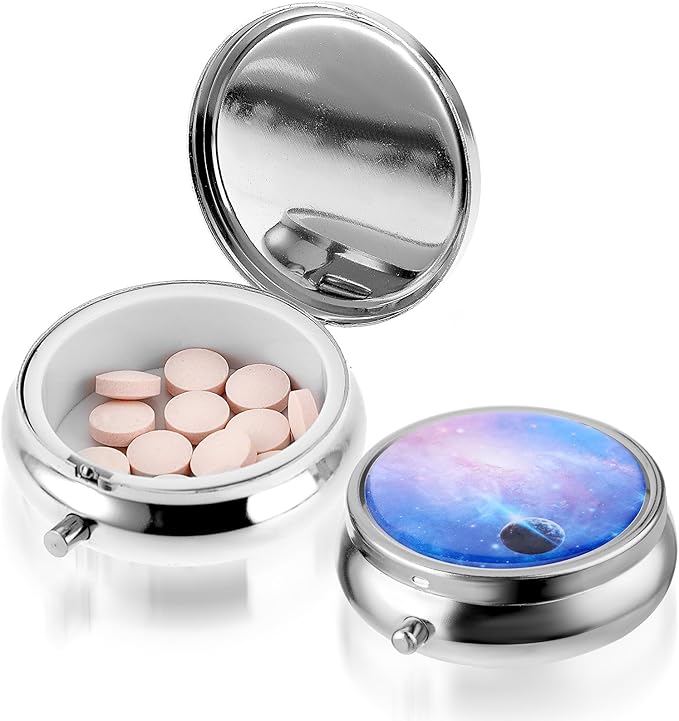 Pill Box Cute Small Pill Box for Purse & Pocket Medicine Organizer Travel Pillbox Waterproof Pills Cases Metal Pills Container Holder for Vitamins, Fish Oil, Supplements (Colorful Sky)