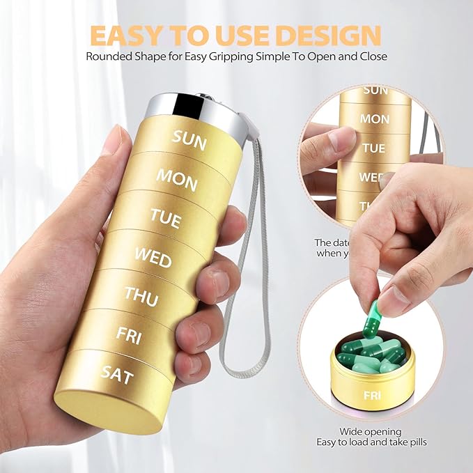 Metal Travel Pill Organizer, Large Weekly Pill Box, Portable Aluminum Alloy Waterproof Container, 7 Day Daily Medicine Organizer Holder for Vitamin, Fish Oil, Supplement, Gold