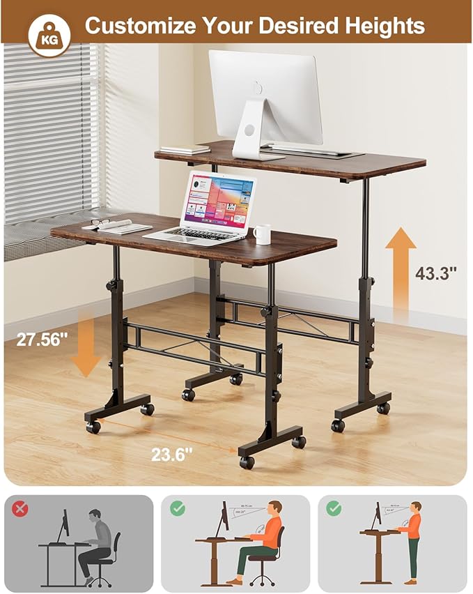 Small Standing Desk Adjustable Height, Mobile Stand Up Desk with Wheels, 32 Inch Portable Rolling Desks Conference Room Tables for Walking Pad Treadmill Wood Rustic