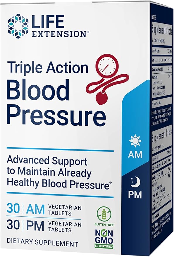 Life Extension Triple Action Blood Pressure, Heart Health Supplement, quercetin, stevia Extract, melatonin, Morning and Night Support, Gluten-Free, Non-GMO, Vegetarian, 60 Tablets