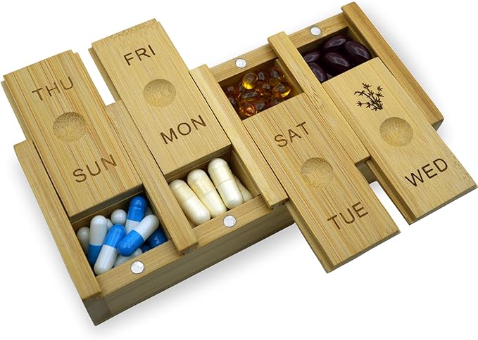 7-Day Bamboo Weekly Pill Organizer for Medicine Supplement, Arthritis Friendly Wood Pill Case Box for Vitamin, Daily Portable Travel Pill Holder Dispenser Container Keeper
