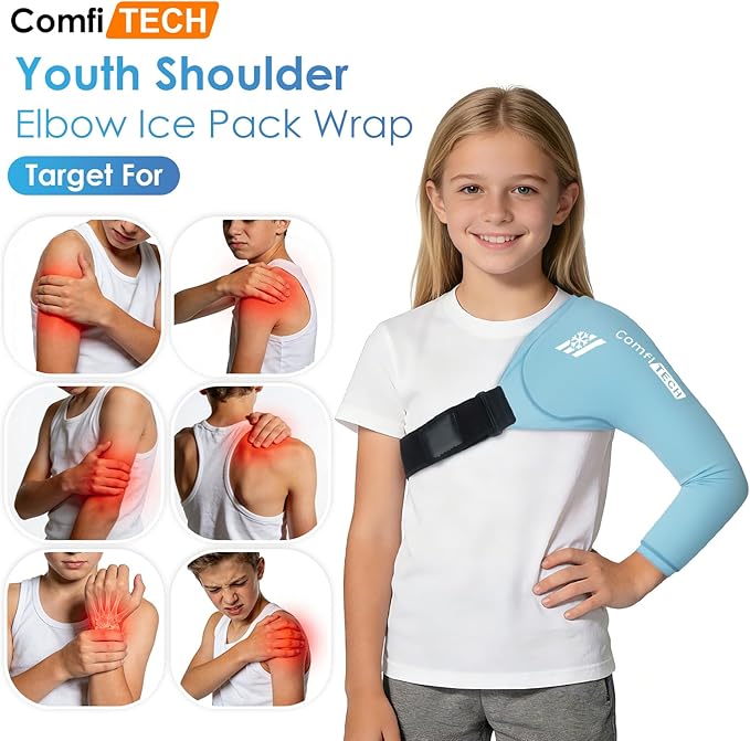 ComfiTECH Youth Shoulder Arm Ice Pack Wrap for Young Pitchers, Ice Arm Sleeve for Teen Volleyball Players, Flexible Cold Application for Throwing Recovery, Elbow Joint & Muscle Comfort, Small