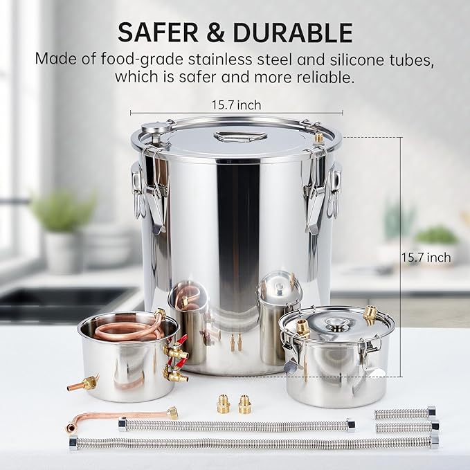 Alcohol Still 13.2 gal/50 L Alcohol Distiller Stainless Steel Distillery Kit for Alcohol With Copper Tube Water Pump Build-in Thermometer, Home Brewing Kit for DIY Whisky Wine Brandy Making