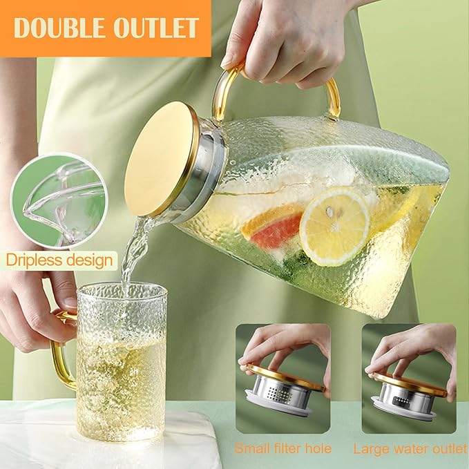 Water Pitcher, Fridge Door Glass Pitcher With Stainless Steel Lid, 1.8 Liter 60 oz High Borosilicate Glass Jug, Leakproof Fridge Door Carafe Jug for Hot/Cold Water Iced Tea Juice Coffee Beverage